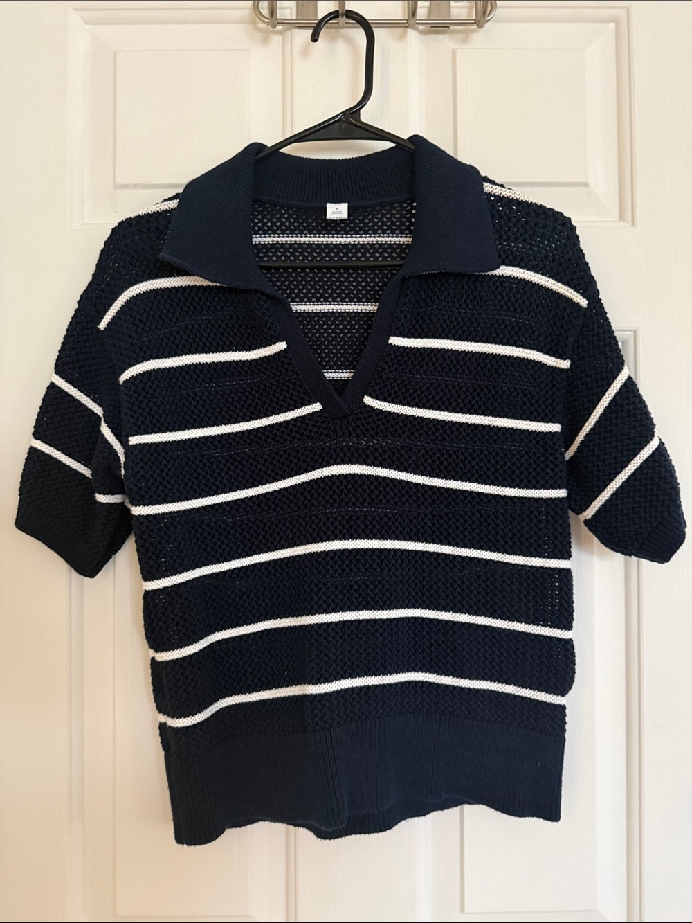 Old Navy Navy and White Striped Knit Polo Top